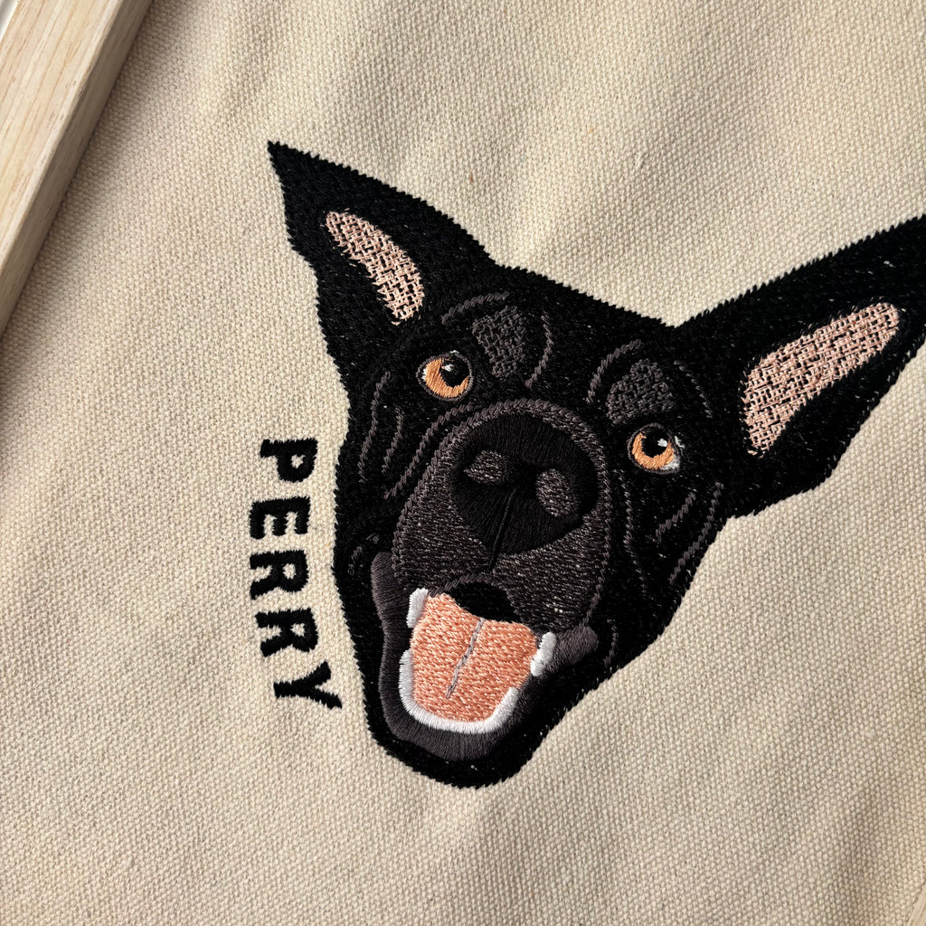 Cuadro con mascota bordada a color