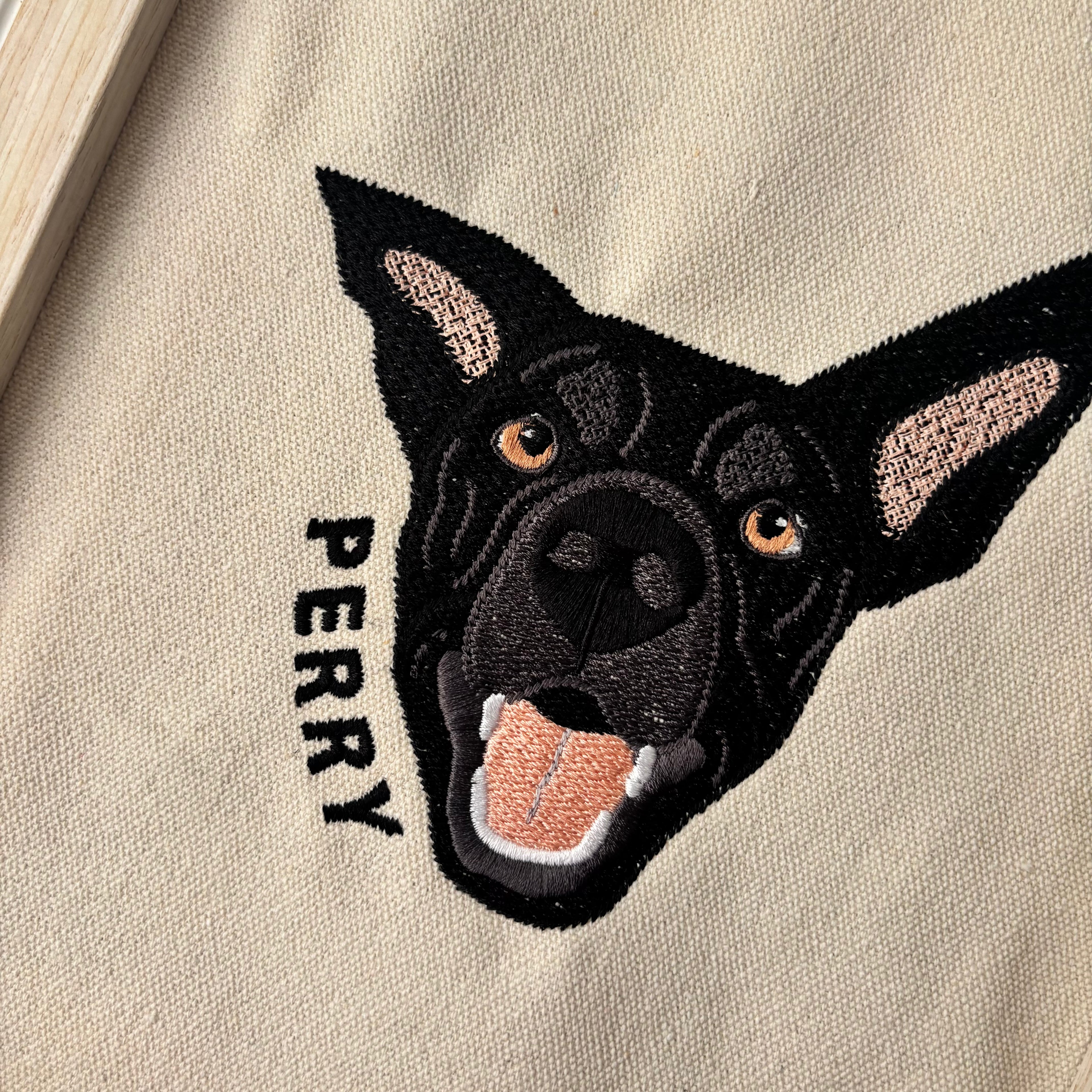 Cuadro con mascota bordada a color