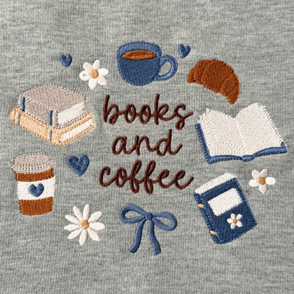 Bordado "books and coffee"