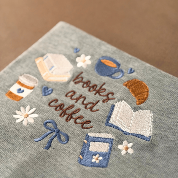 Bordado "books and coffee"